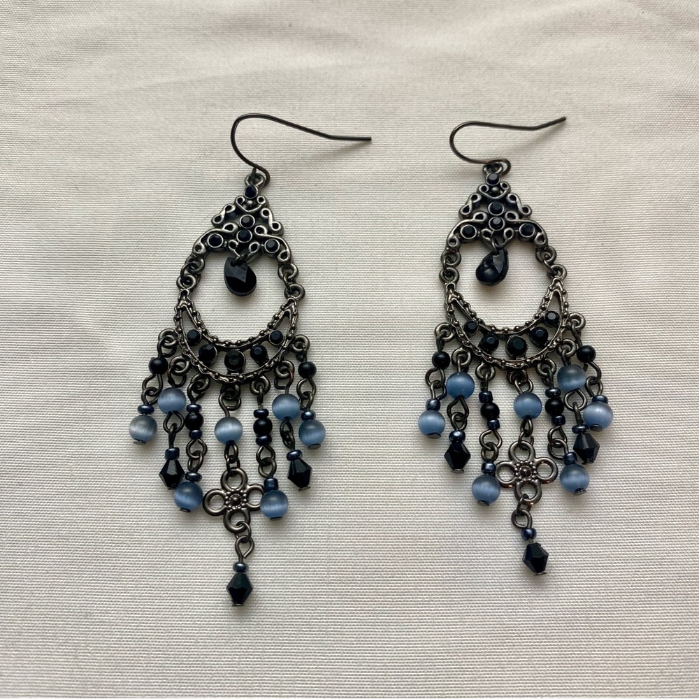 Black, Blue and Silver Chandelier Earrings